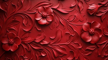 Red floral pattern on textured red background, vibrant 3D rendering with intricate detail and depth perception - obrazy, fototapety, plakaty