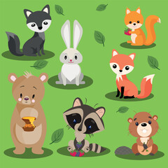 Vector children's illustration for young children.Forest animals. A set of fox, bear, wolf, hare, squirrel, raccoon and beaver.