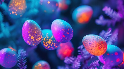 Obraz na płótnie Canvas Hand-painted Easter eggs on a shimmering, in ultraviolet light background, symbolizing festive celebration. Easter Holiday background