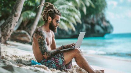 A person working remotely on a laptop under the shade of palm trees, with the serene blue ocean in...