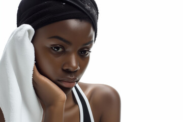 Pensive African woman with headband, holding white towel, thoughtful gaze, black tank top, isolated on white background.