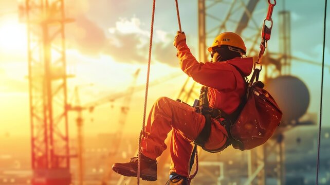 Work at height. Rappellers wear personal protective equipment (PPE) and fall protection equipment hanging from pipes to perform painting activities.