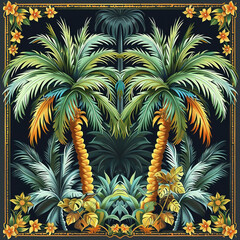 Stylized colorful design of palm trees in art nouveau style for decor or cushions.