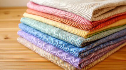 Colorful folded fabrics with distinct textures on wood.