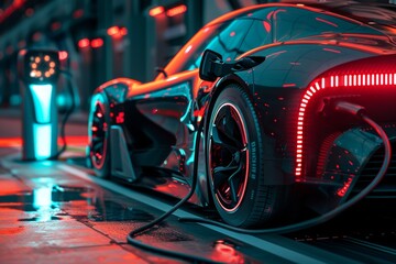 High-Performance Electric Sports Car Charging at Night