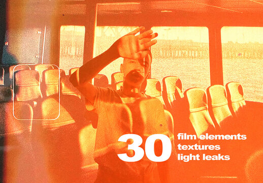 30 Film Elements, Textures And Light Leaks. A Set Of Overlay Retro Design Textures