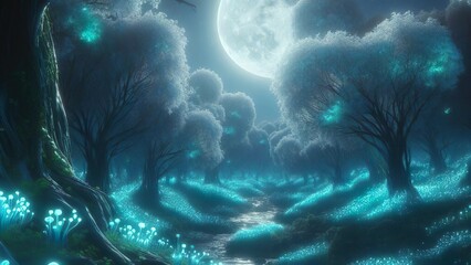 Enchanted Moonlit Woodland: Bioluminescent Fantasy Realm under the Full Moon's Radiant Glow