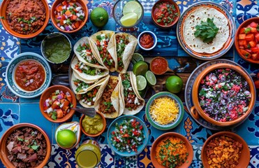 Mexican cuisine bursting with color and variety from tacos to salsas - obrazy, fototapety, plakaty