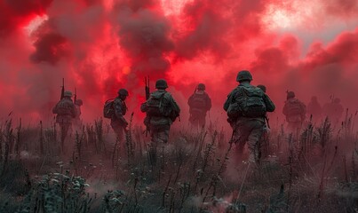 Soldiers moving through a smoke-filled battlefield under a dramatic red sky evoking urgency - obrazy, fototapety, plakaty