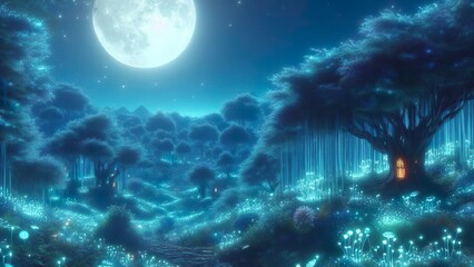 Fototapeta na wymiar Enchanted Moonlit Woodland: Bioluminescent Fantasy Realm under the Full Moon's Radiant Glow