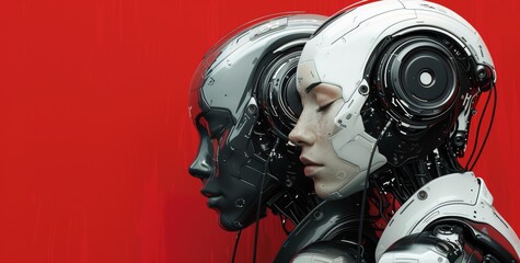 Two robot faces against a stark red background artificial intelligence