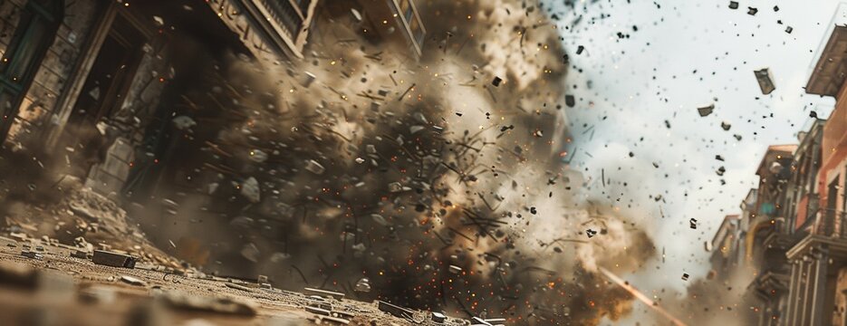 Urban Explosion: Street View of a Devastating Blast Amidst Buildings