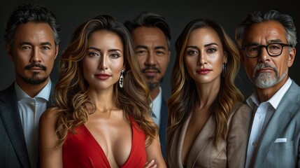 Obraz premium 5 elegantly dressed successful latin businessmen and businesswomen looking and posing for the camera with success attitude