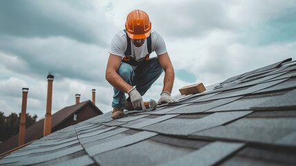 A roofer in a white shirt, blue pants, and an orange helmet nails down shingles, with cloudy skies and chimney tops in the background.