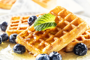 Waffle with honey and blueberries, sweet and vegan breakfast - 746434827