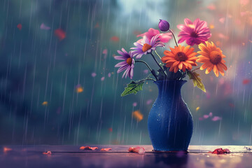 Sad feeling theme of flower in vase with raining in background.