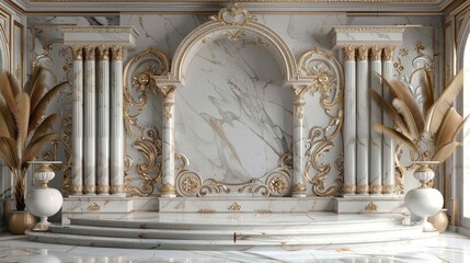 Fototapeta premium Opulent Reverie: 3D Rendered Symphony of Royal Elegance in Marble Podium with Majestic Aesthetic Stage, Weaving a Dreamscape of Grand Celebration and Timeless Luxury 