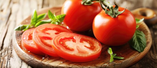 A wooden plate sits on top of a wooden table, adorned with fresh slices of tomatoes. The vibrant red of the tomatoes contrasts beautifully with the natural wood textures.