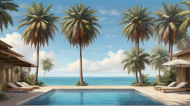 Beautifull luxury swimming pool near beach front, looking sea view and morning time background. generative.ai