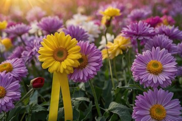 a field of purple and yellow flowers with a yellow ribbon symbolizing world cancer day, purple and yellow, beautiful flowers, field of mixed flowers, field of flowers background,