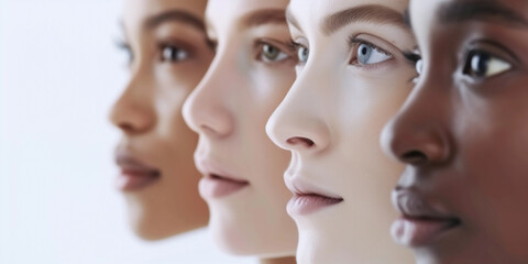 Closeup of four beauty models with diverse skin tones of white, black and pale shades and glowing young skin for commercial campaigns for female skin makeup products salon , International Womens day 