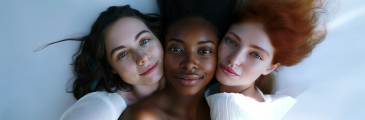 Closeup of three glamorous beauty models with diverse skin tones and glowing smooth skin for commercial campaigns for female empowerment, International Womens day and inclusive multicultural adverts