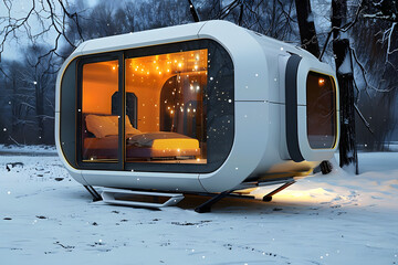 3D Futuristic capsule hotel in harmony with nature - obrazy, fototapety, plakaty