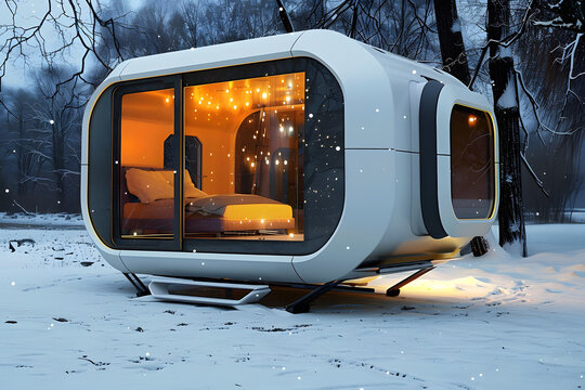 3D Futuristic capsule hotel in harmony with nature