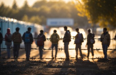 Silhouettes of migrants behind barbed wire at a border crossing