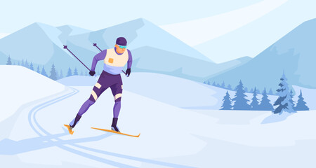 Fototapeta na wymiar Sportsman wearing warm sport suit and goggles skiing on ski track. Picturesque landscape view. Snowy mountain in the background. Winter resort outdoor activity. Healthy lifestyle. Vector illustration