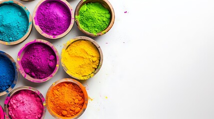 top view of colorful traditional holi powder in bowls isolated on white