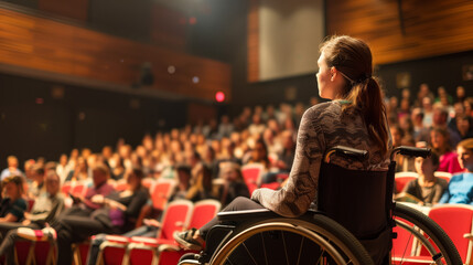 Public speaking in front of a full room of people by a speaker with disabilities, wheelchair users
