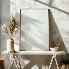 design mockup white blank poster on the table, modern scandi room