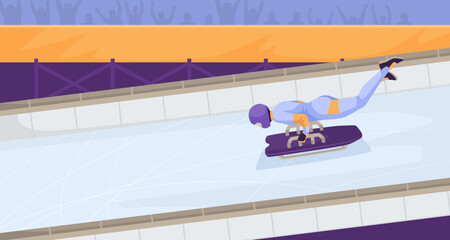 Person doing skeleton at closed ice downhill arena. Winter olympic sliding sport, sportsman ride small sled using arms. Fanats support. Competition concept. Vector illustration - obrazy, fototapety, plakaty