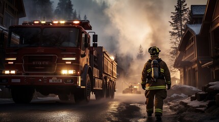 Scene of firefighter and firetruck Generative AI - obrazy, fototapety, plakaty