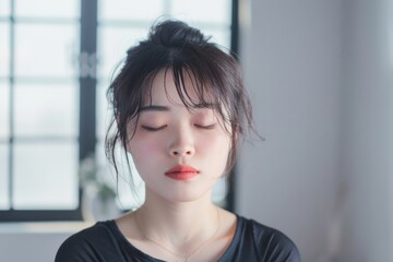 白い部屋の中で瞑想をする若い日本人女性（ストレス解消・ヨガ・精神統一・集中）