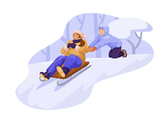 Children sliding on sledge from snowy hill. Cute cartoon design, winter sport activity, happy kid, laughing boy and girl with sleigh. Outdoor christmas holiday leisure. Vector illustration
