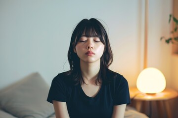 白い部屋の中で瞑想をする若い日本人女性（ストレス解消・ヨガ・精神統一・集中） - obrazy, fototapety, plakaty