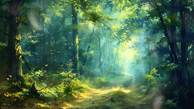 painting of a path in a forest with sun shining through the trees