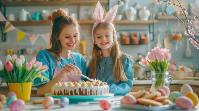 Mum and daughter in the kitchen preparing for the Easter holiday make Easter cake and paint eggs
