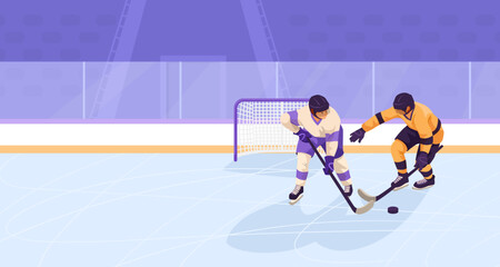 Sportsman from different team are playing hockey, competing on friendly match without spectators. Winter games competition. Concept of sport activity and healthy lifestyle. Vector illustration