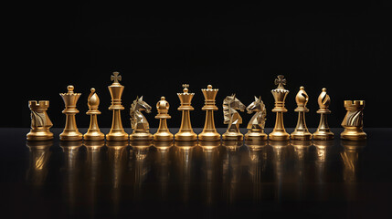 Gold chess pieces on black background, strategic setup, UHD