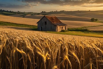 a barn in the middle of a wheat field, rural splendor, bathed in golden light, barn in the background, midwest countryside, wheat fields, old american midwest, barn in background.  - obrazy, fototapety, plakaty