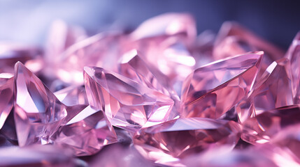 Background with pink crystals. Pink glass crystals with reflections of light. Abstract background with bokeh effect. AI generative