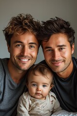 Fototapeta premium Diverse Family Love, gay male couple joyfully parenting their adorable baby, celebrating diversity and love in modern family
