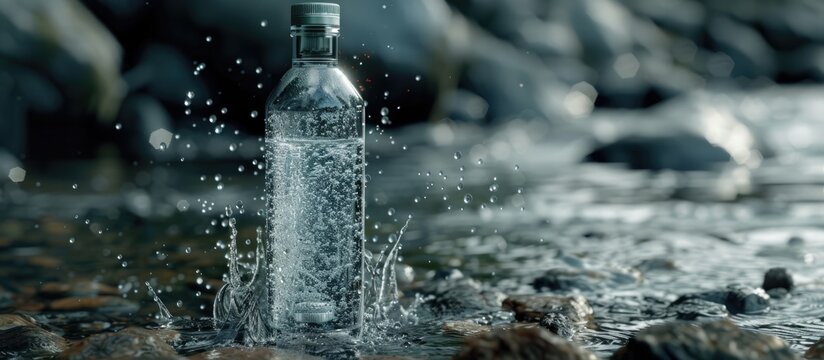 A transparent water bottle is captured mid-splash as it collides with a puddle of water, creating ripples and droplets in all directions. © 2rogan