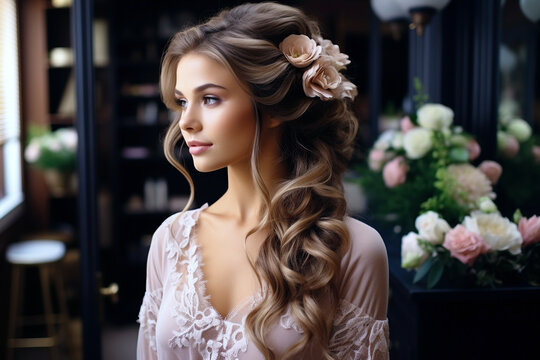 beautiful woman bride with a bridal hairstyle with flowers in hair on the wedding day