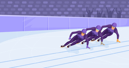 People ice skating at closed rink arena on short track distance. Winter olympic sport, sportsmen ride using skates. Competition and performance concept. Healthy lifestyle. Vector illustration - obrazy, fototapety, plakaty