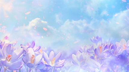 Obraz na płótnie Canvas Spring's beautiful crocus flowers grow against a blue sunny sky