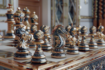 Elaborate chess set with distinct pieces on a luxurious board, representing strategy and sophistication.